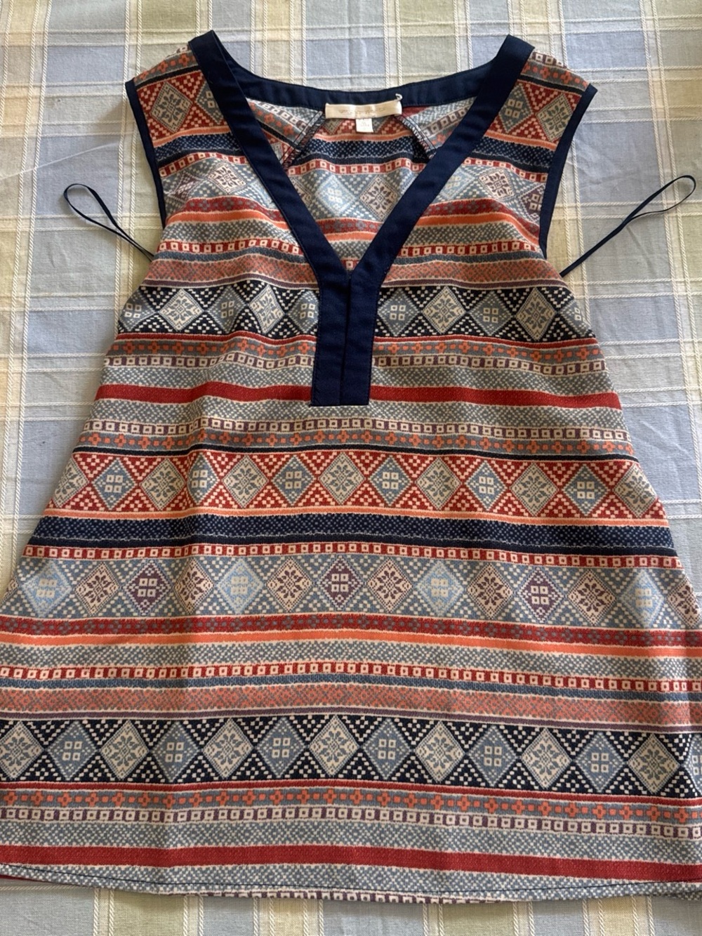 Under Skies Long Sleeve Tribal Stripe Top — Navy, Rust & Light Blue